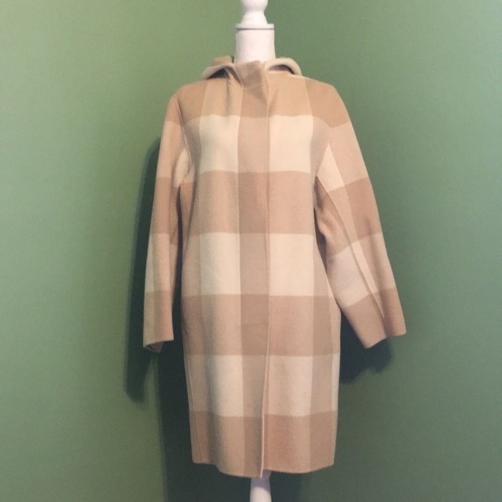 DKNY tan and cream check wool hooded coat
